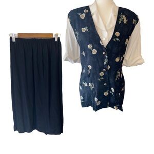 Vintage 90’s Black Sunflower Novelty Print Skirt Set Size 12